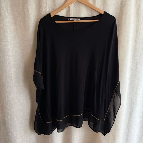 Jennifer Lopez Black Ruffle Blouse | M | Sheer Hem Gold Trim Flutter Sleeve - Picture 1 of 14